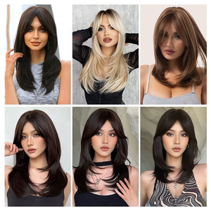 Peluca en capas de 22 pulgadas para mujer con flequillo hasta los hombros Peluca de pelo sintético de aspecto natural Perfecta para fiesta diaria Rubio degradado - Product Image 6