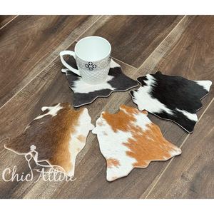 Juego de posavasos de cuero de vaca rústico de alta calidad, posavasos de cuero genuino para ocultar el pelo occidental único para bebidas, regalos de decoración del hogar - Product Image 1