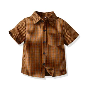 Premium Shirt Baby Boys Plaid Shirt For Kids Customizable Children Clothing Cotton Vintage Boys Short Sleeve Button Shirts Boy