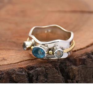 Anillo de Topacio Azul Plata de Ley 925 hecho a mano Triple piedra Zigzag Boho Birthstone anillo de aniversario regalo para ella - Product Image 2