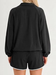 Ensemble sportif 2 pièces pour femme, noir, haut à manches longues avec fermeture éclair et short, vêtements de sport respirants en tricot, coupe ample, printemps-été - Product Image 3