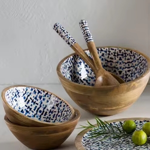 Bol en bois de service en bois de manguier taille personnalisée fini naturel avec émail imprimé en 2 pièces décor à la maison - Product Image 4