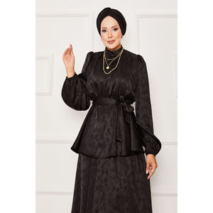 Conjunto de Dos Piezas de Satén para Mujer, Estilo Jacquard, con Cintura Elástica y Cinturón Desmontable, Estilo Club, Color Negro - Pedido Mínimo 2 Piezas - Product Image 5