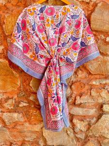 ชุดคลุมอาบน้ำแบบ caftan สั้นผ้าฝ้ายทำมือพิมพ์ลายใบไม้กุหลาบชุดคลุมเอวธรรมชาติชุดนอนชายหาดซักได้ - Product Image 6