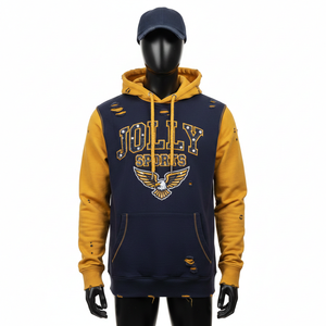 Sweat à capuche en polaire doux de haute qualité 320 GSM, panneau bicolore, marine et moutarde, logo brodé personnalisé, sweat à capuche basique - Product Image 1