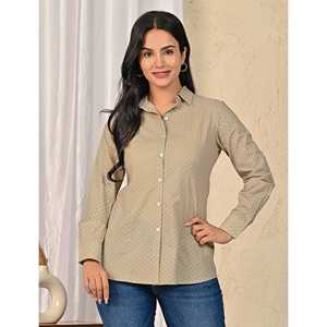 Chemise ample pour femme en coton vert imprimé, manches longues, logo brodé, style décontracté, boutons tissés, longueur longue, saison automne - Product Image 1