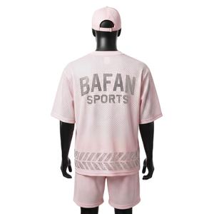 <b>Men</b> Athletic Polyester Mesh <b>Short</b> Set 180 GSM Breathable <b>Pink</b> Gym Wear Reflective Heat Transfer Logo for <b>men's</b> set - Product Image 2