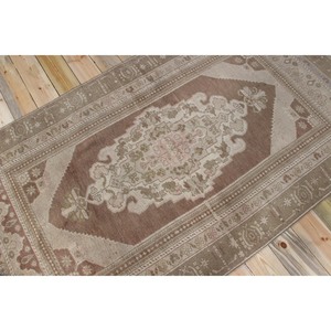Vintage Turkish Rug Rug 4.3x7.9 ft (130x242 cm), <b>Brown</b> Geometric <b>Wool</b> Rug - Product Image 2