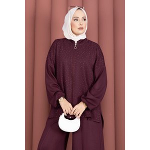 Conjunto de Dos Piezas Plum: Túnica con Cremallera y Adornos de Piedras y Pantalones, Tallas XS-XL, Blazer de Punto y Shorts de Verano con Patrón Sólido Tejido - Product Image 2