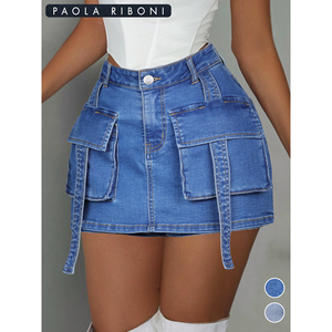 Jupe longue en jean vintage Paola Riboni, taille haute, ceinturée, poches cargo, coupe trapèze, mode automne pour femme - Product Image 2