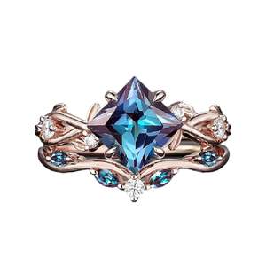 Plata de Ley 925 corte princesa alejandrita compromiso junio piedra natal hoja promesa anillo ramita rama vid anillo de bodas - Product Image 1