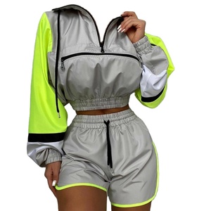 Personalizado al por mayor chándales cortavientos mujeres cortavientos conjunto corto bloques de colores media cremallera pulóver Crop Top Shorts Set 2026 - Product Image 5