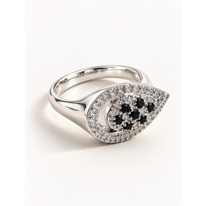 Classic <b>Black</b> <b>Onyx</b> Evil Eye <b>Ring</b> with Diamond Bezel Setting - Product Image 1