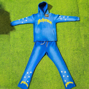 Ensemble sweat-shirt et pantalon de jogging unisexe décontracté à ourlet ouvert avec impression 3D en relief et strass, style décontracté, 2 pièces, effet délavé au soleil - Product Image 1