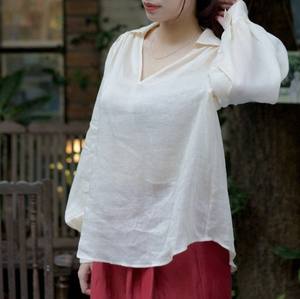 Sophisticated Formal Loose Ramie Blend <b>Blouses</b> Lightweight Breezy Silhouette Dramatic Billowy Sleeves Patterned Plaid Made - Product Image 1