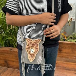 Women's Custom Hand Tooled Suede Leather Mobile Phone Bags for Women's Cellphone Shoulder Bags <b>Crossbody</b> Festival Fringe <b>Purse</b> - Product Image 1