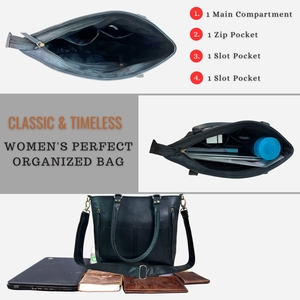 Sac fourre-tout noir durable en cuir véritable pour femmes avec fermeture à glissière Style vintage pour un usage quotidien et professionnel - Product Image 4