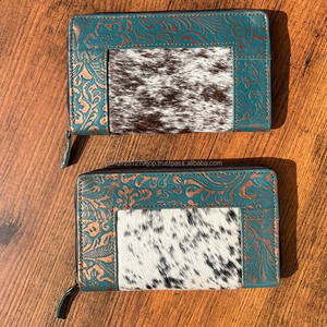 ขายร้อนแกะสลักกระเป๋าสตางค์คลัทช์เคสโทรศัพท์สไตล์ Cowhide หนังออกแบบใหม่สีเทอร์ควอยซ์กระเป๋าสตางค์หนังตะวันตก - Product Image 3