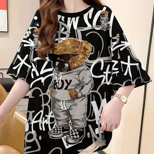 T-shirt personnalisé à demi-manches, col rond, imprimé dessin animé, T-shirt d'été coupe ample pour femmes - Product Image 1