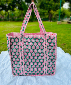 Cotton Quilted Striped Long Handle Tote <b>Bag</b> Indian Handmade <b>for</b> <b>Women</b> with Zipper Closure and Shoulder Strap <b>for</b> Travel Use - Product Image 6