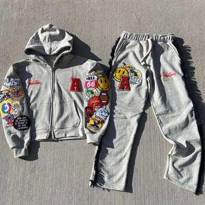 Conjunto Deportivo de Felpa Francesa de Algodón para Hombre, Diseño Nuevo, Invierno, Bordado con Parches Desgastados, Estilo Vintage, Lavado Ácido, Sudadera con Capucha y Pantalones Cortavientos - Product Image 5