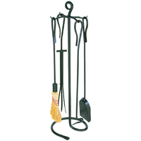 Ensemble d'outils de cheminée en fer robuste, moderne et fait main, en métal thermolaqué, comprenant un bâton de cheminée, une pelle, des pinces, une brosse et un support, pour intérieur et extérieur