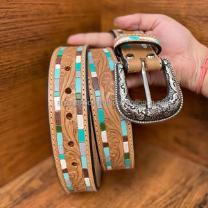 Nouvel arrivage de ceintures florales occidentales en cuir véritable usinées à la main et peintes à la main Ceintures unisexes en cuir véritable usiné à la main - Product Image 2