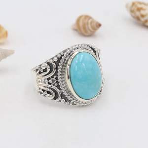Bague classique en argent sterling 925 avec pierre précieuse turquoise taille ovale bijoux fins bague de fête d'anniversaire de fiançailles de mariage - Product Image 1