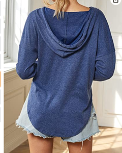 Sweat à capuche col en V manches longues pour femme, sweat-shirt décontracté, couleur unie, cordon coulissant, ample, automne, collection - Product Image 4