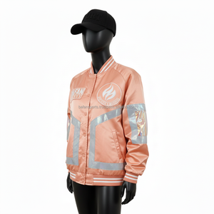 Chaqueta de Satén Premium para Mujer, Color Durazno, con Paneles Plateados Reflectantes, Diseño de Logotipo Bordado Personalizado, Chaquetas de Satén para Mujer - Product Image 4
