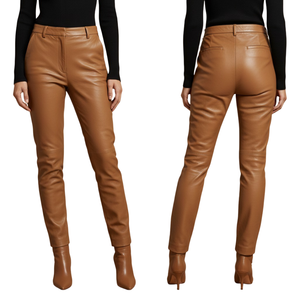 Servicio OEM al por mayor: Pantalones de lona y cuero para mujer, de cintura media, ajustados, planos, ecológicos, transpirables, cortavientos, estilo urbano. - Product Image 2