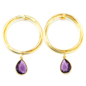 Boucles d'oreilles pendantes classiques en laiton plaqué or 22 carats avec améthyste et quartz hydro, motif à carreaux, forme cercle, vente en gros pour femmes - Product Image 1