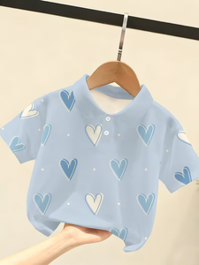 Camiseta Infantil para el Día de San Valentín, Divertida y Moderna con Estampado de Corazón, Cuello Camisero, Manga Corta, Polo para Niños y Niñas, 100% Algodón - Product Image 3