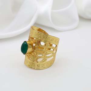 Boho Filigree <b>Ring</b> Bohemian <b>Brass</b> <b>Rings</b> Women 18k Gold Plated Tribal Green Onyx Jewelry - Product Image 3