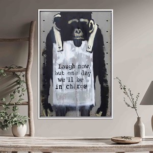 Printed Banksy Monkey Canvas: Graffiti Pop Wall Decor Art,WHITE <b>FRAMED</b> CANVAS - Product Image 1