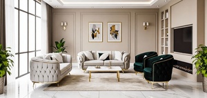 Juego de Sofás Seccionales Modernos de Terciopelo con Mechones, Muebles Seccionales Chesterfield para Sala de Estar - Product Image 2