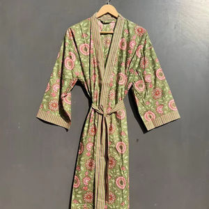 Indian Handmade 100% Cotton Women's V-neck Full <b>Sleeve</b> <b>Kimono</b> Robe Floral Print Casual Sleepwear ODM Quick Dry Smooth All - Product Image 1