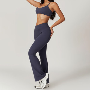 เสื้อชั้นในออกกำลังกายแบบไร้โครง สายบาง สำหรับผู้หญิง ไซส์กลาง พร้อมกางเกงโยคะทรงบาน ไม่มีตะเข็บด้านหน้า ลายเรียบ/ลายทาง เป็นมิตรกับสิ่งแวดล้อม - Product Image 4