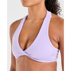Sujetador deportivo de cuello Halter púrpura pastel con escote en V envolvente detalle de espalda abierta y Sujetador deportivo de alto impacto para mujeres adultas - Product Image 1