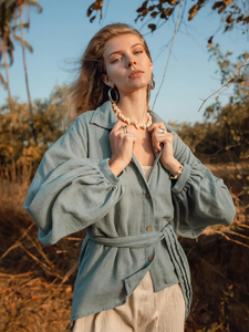 Haut Boho bleu avec manches bouffantes Chemise tricotée taille unique Long uni teint couvrir avec ceinture solide motif Outwear - Product Image 3