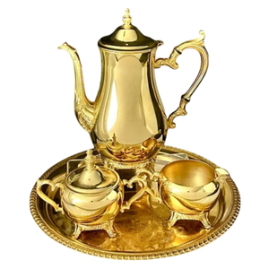 ชุดน้ำชาทองเหลืองแท้สไตล์วินเทจ พร้อมลวดลายสลักและขัดเงา สำหรับใช้ในบ้าน ร้านอาหาร และโรงแรม ชุดกาแฟโลหะ - Product Image 2