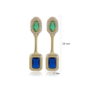 Boucles d'oreilles en zircon saphir et émeraude verte à découpe géométrique, bijoux fins faits à la main, vente en gros de bijoux turcs - Product Image 5