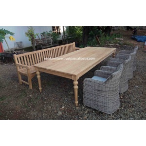 ชุดเฟอร์นิเจอร์รับประทานอาหารกลางแจ้งดีไซน์ทันสมัยม้านั่งยาวไม้สักและหวาย PE สังเคราะห์สำหรับลานโรงแรม - Product Image 4