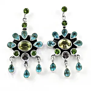 Boucles d'oreilles pendantes en argent 925 avec topaze bleue plaquées or et or rose pour femme, idée cadeau pour mariage ou fête - Product Image 3