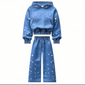 Conception personnalisée logo bords de l'ourlet brut couture appliques broderie Vintage strass blancs sérigraphie lavage à l'acide ensemble de survêtement - Product Image 6