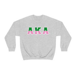 Sudadera de cuello redondo con letras de dos tonos AKA, gris jaspeado con letras griegas verdes y rosas, jersey de forro polar para hermandad - Product Image 1