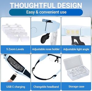 Lunettes loupe avec lumière led bandeau 5 avec lentilles détachables bandeau loupe verre pour travail rapproché passe-temps artisanat bijoux - Product Image 6