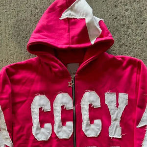 Sudadera de fabricante personalizada 600gsm peso pesado grueso desgastado recortado Zip up bordado parche hombres ácido lavado Zip Up Hoodie - Product Image 5