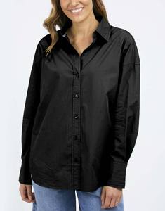 Novedades al por Mayor, Camisa Informal de Algodón Tejido para Mujer, Color Negro, Hombros Caídos, Pliegue en la Espalda, Dobladillo Alto-Bajo Curvo, Mangas Largas, Verano - Product Image 2