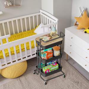 3-Tier Black PP Storage Cart MDF Top Panel Metal Frame Utility Trolley 3 <b>Buckets</b> 6 Hooks Modern Bathroom Kitchen Living Room - Product Image 2